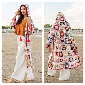 SAACHI Granny Hooded Square Crochet Ruana kimono cardigan One Size